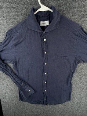 Eton CHELSEA Soft Dark Blue Medium Slim Long Sleeve Button Up Shirt Men Cotton